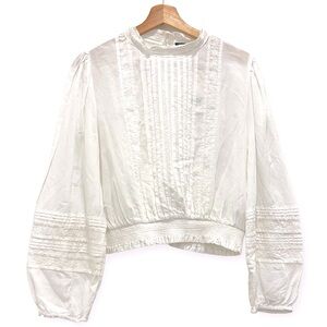 Zara shirt womens extra large white balloon puffy sleeve embroidered rose pleats